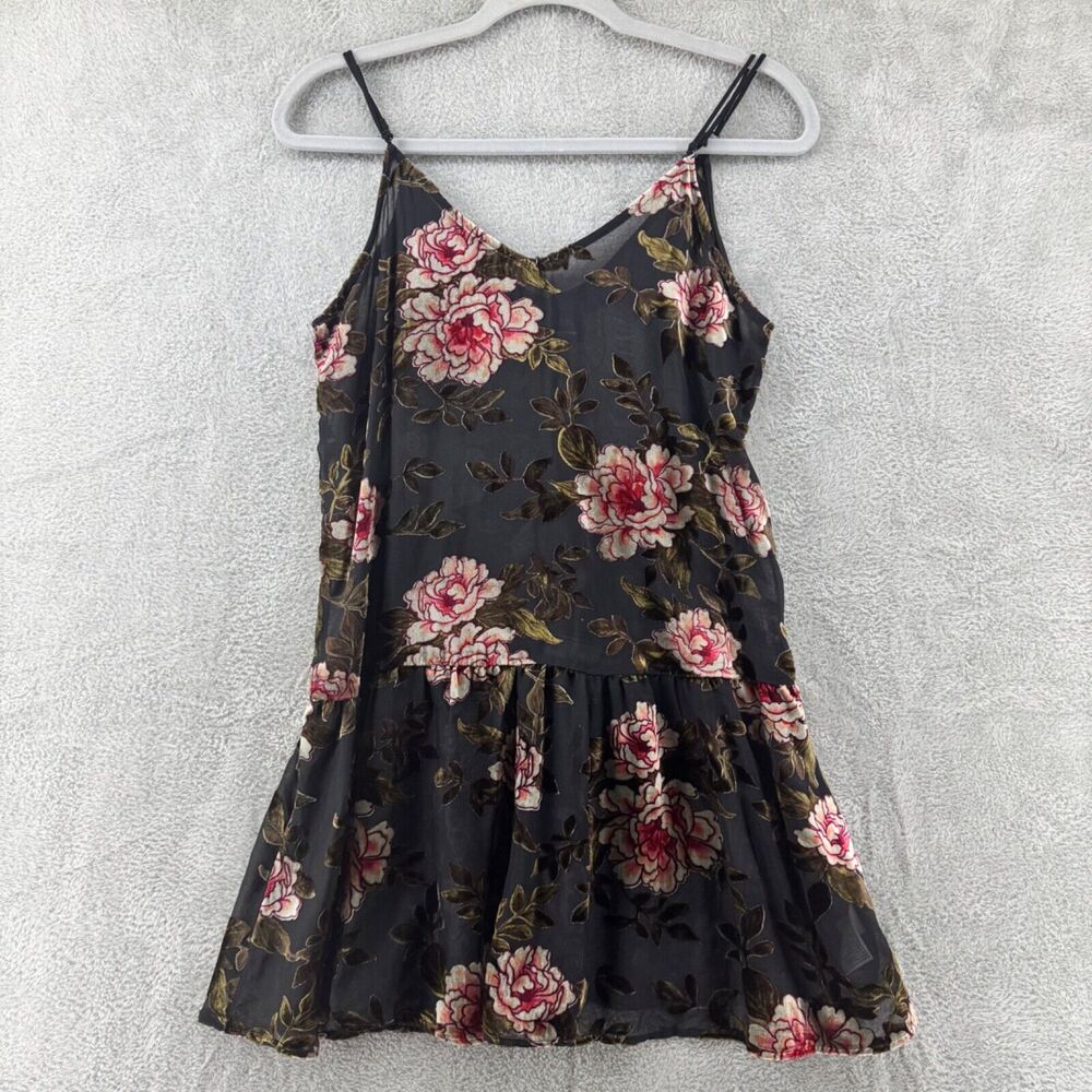 American Eagle Dress Women S Black Velvet Rose Floral Burn Out Slip V-Neck Sheer